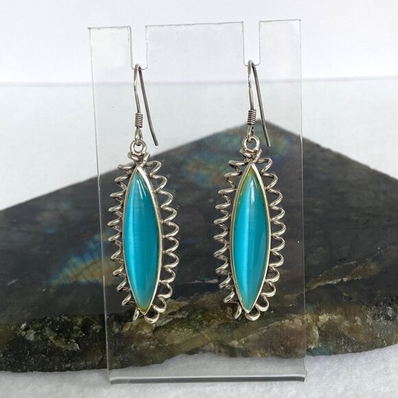 Sterling Silver 925 Marquise Turquoise Blue Cats Eye Spiral Dangle Earrings - Picture 6 of 16